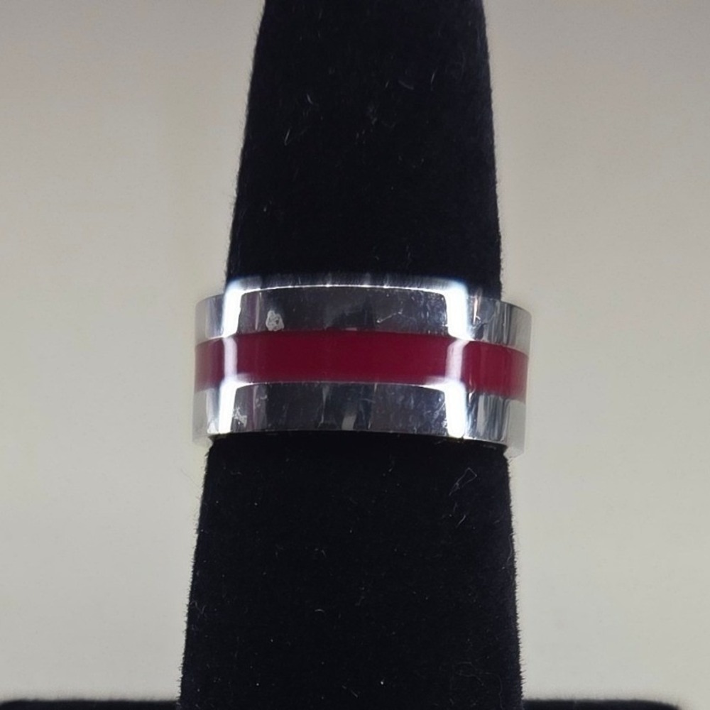 Silver Tone Band Ring with Red Enamel Inlay Stripe Minimalist Modern Size 7 0406